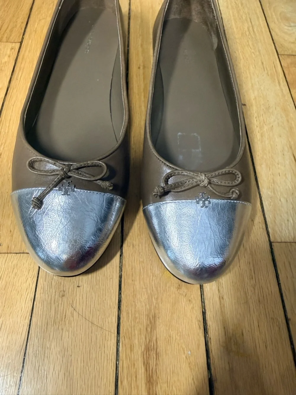 Tory Burch Women's Brown Ballet Flats with Metallic Toe - Picture 2 of 5